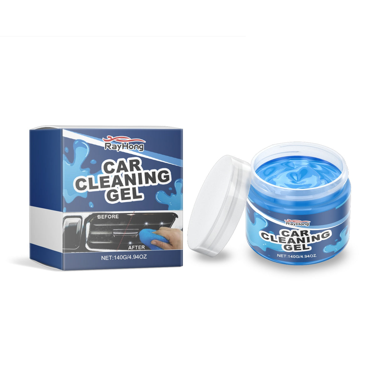 ORQAVIO Car Cleaning Gel 140g jar with product box before and after car vent cleaning