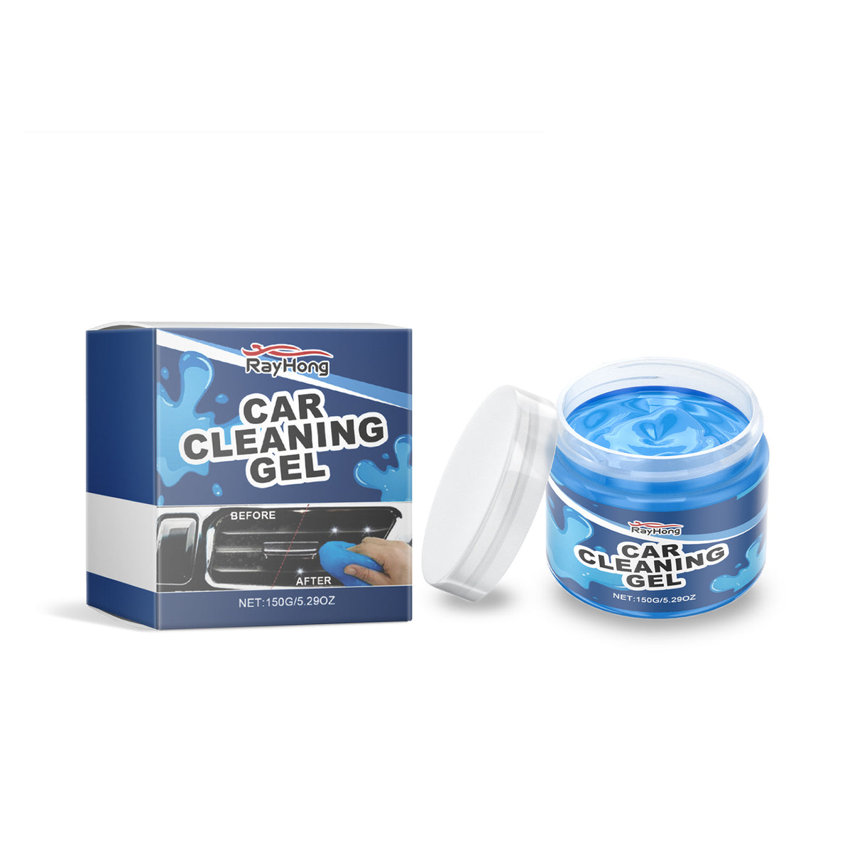 ORQAVIO Car Cleaning Gel 150g jar with product box before and after car vent cleaning